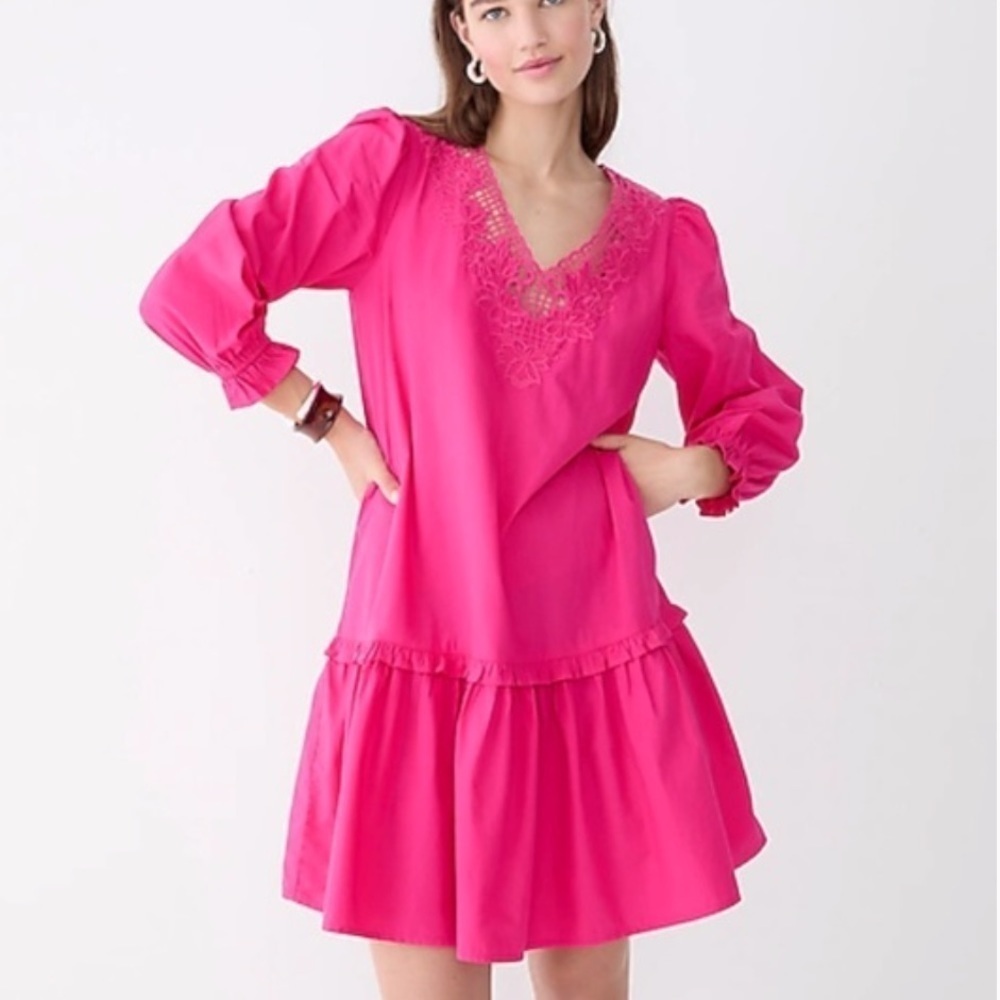 J. CREW NWT Eyelet Lace Ruffle Dress Size Medium in Bright Sweet Fuschia